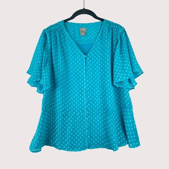 Chico's Blouse Womens Size 1 Medium 8 Blue Clip Dot Peplum‎ Flutter Sleeve Top - Picture 2 of 12